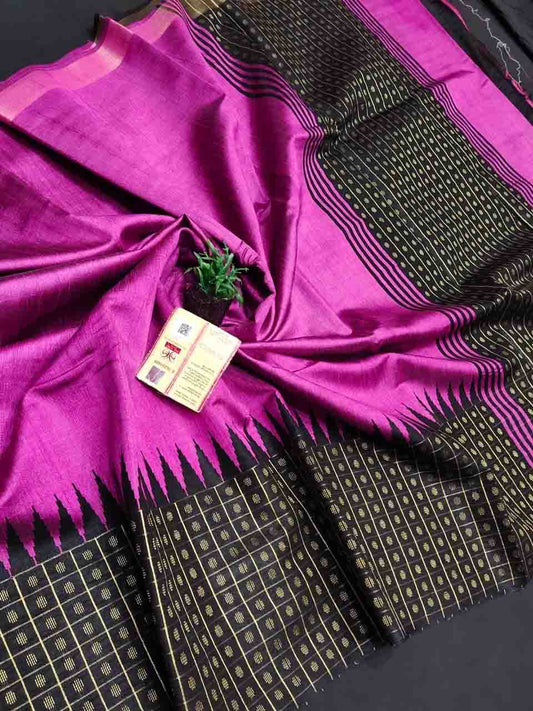 PJMR23A186 Rose Black Pure Handloom Raw Silk Saree
