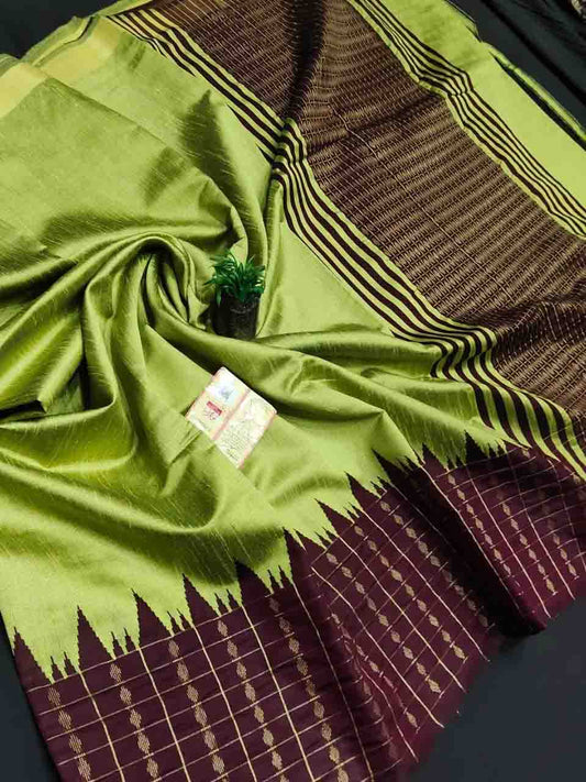 PJMR23A189 Green Maroon Pure Handloom Raw Silk Saree