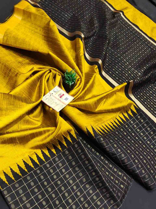 PJMR23A191 Yellow Black Pure Handloom Raw Silk Saree