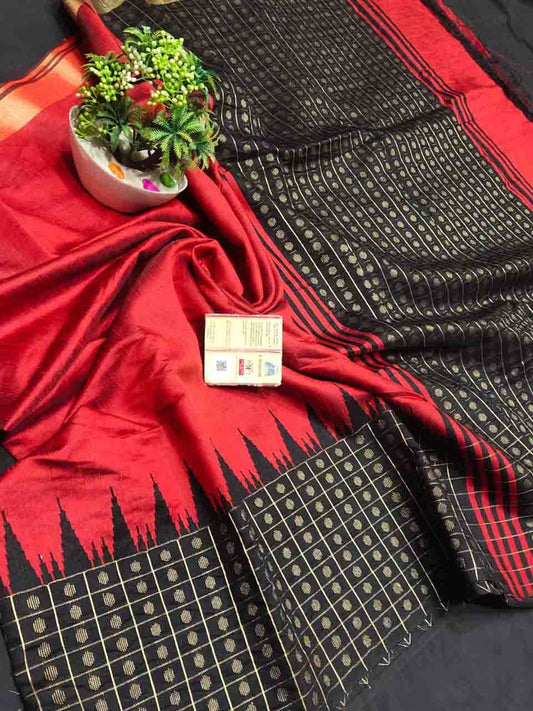 PJMR23A193 Red Black Pure Handloom Raw Silk Saree