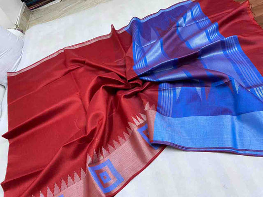 PJMR23A216 Red Blue Pure Handloom Raw Silk Saree