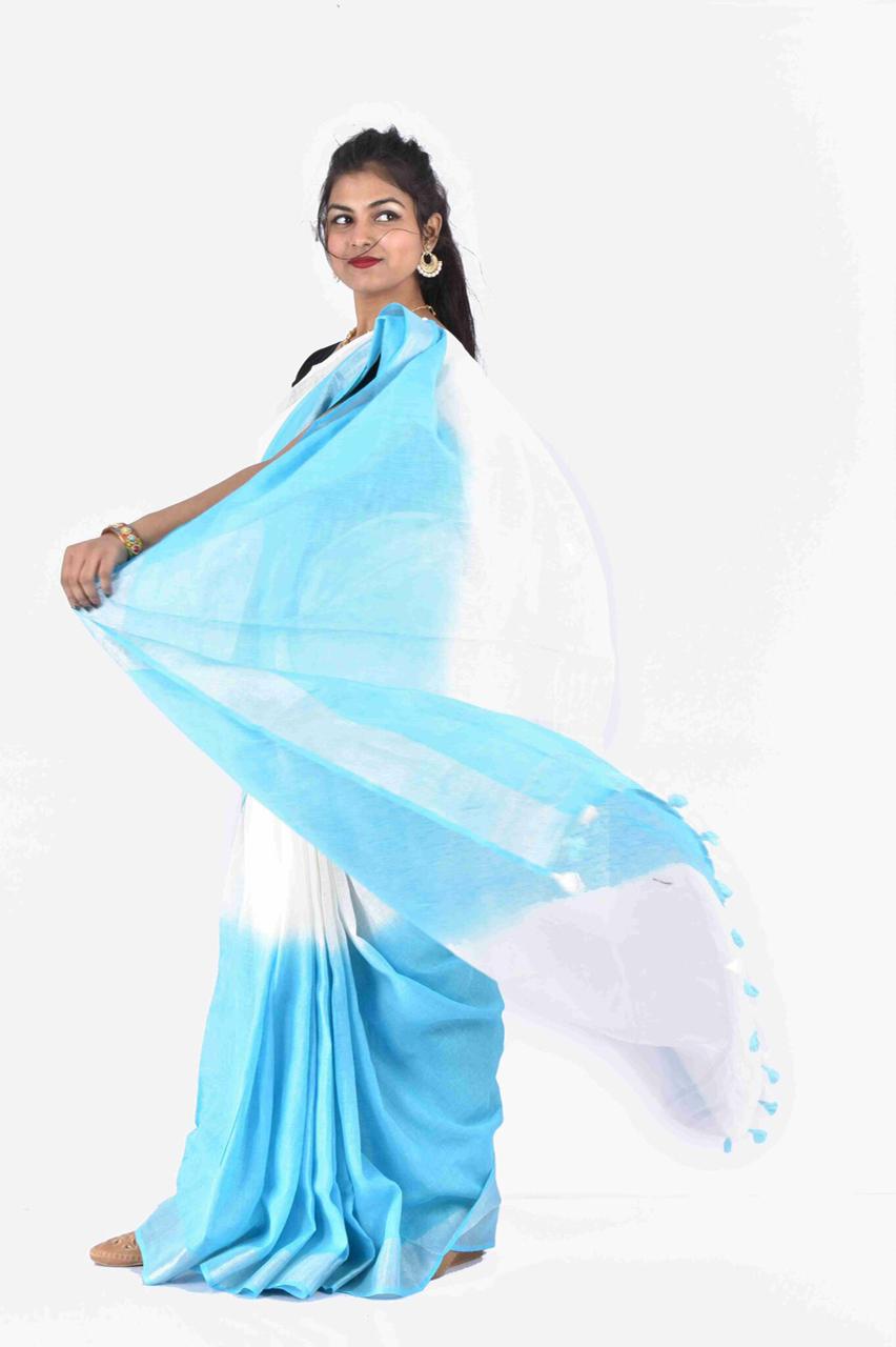 Blue Gold Pure Handloom Linen Saree