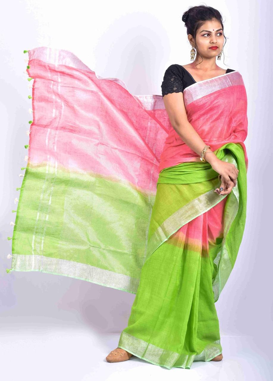 Pink Green Pure Handloom Linen Saree