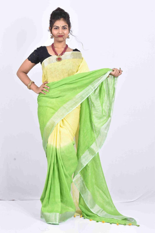 Yellow Green Pure Handloom Linen Saree