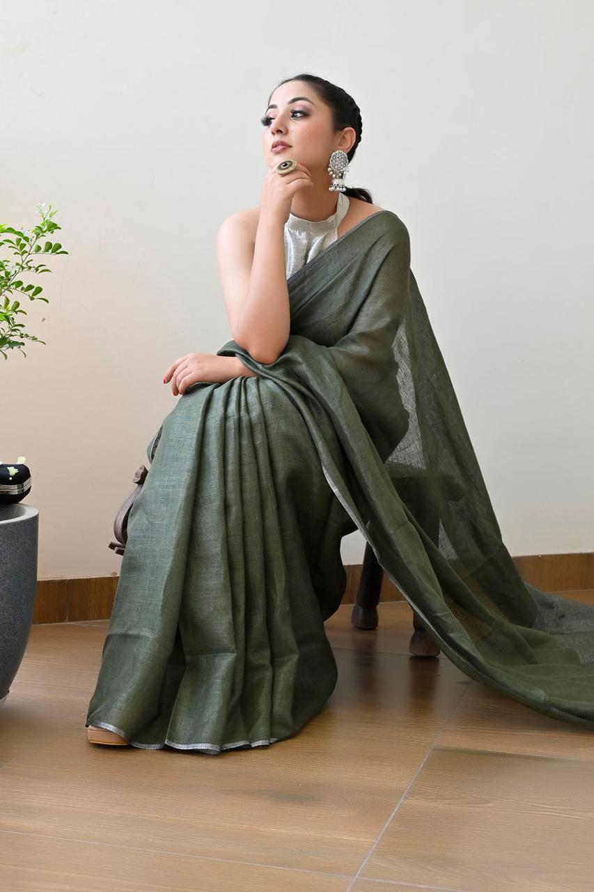 Olive Green Pure Handloom Linen Saree