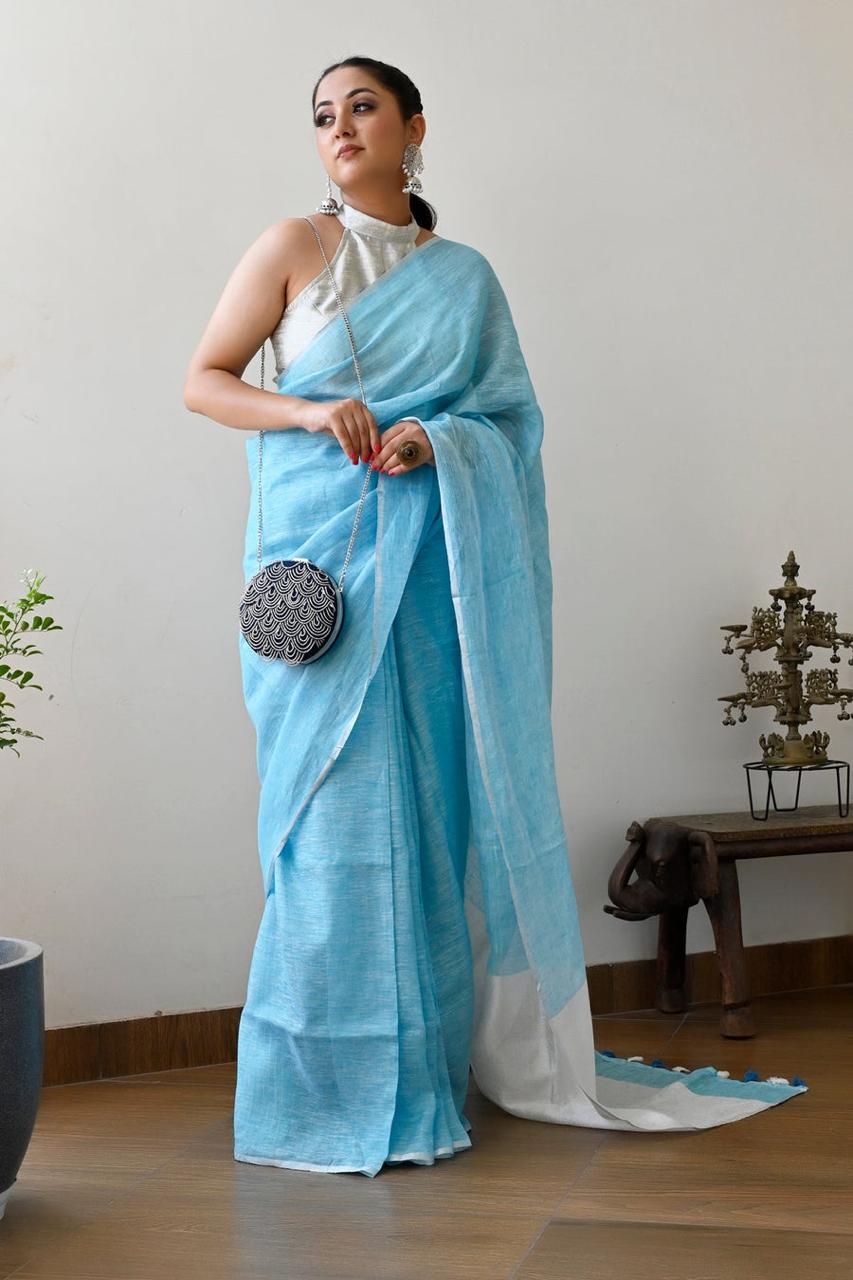 Sky Blue Pure Handloom Linen Saree