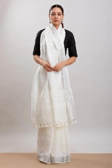 White Silver Pure Handloom Linen Saree