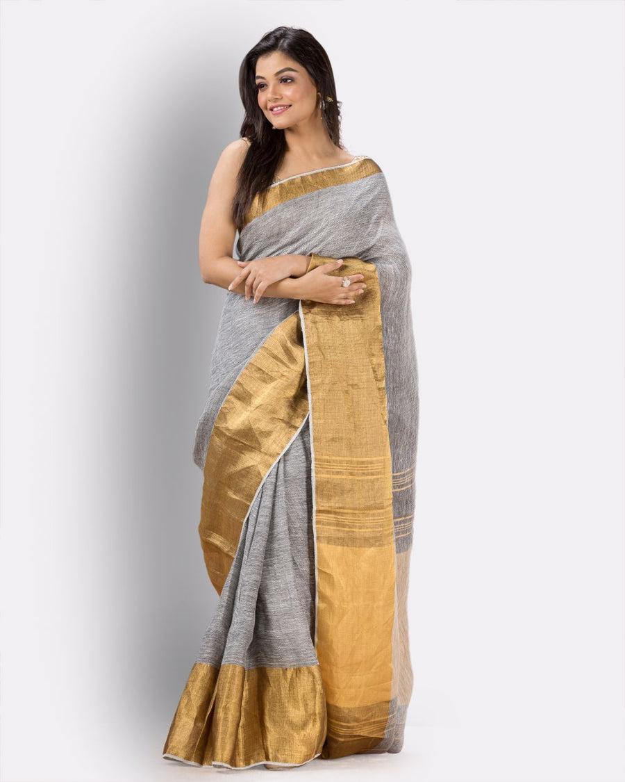 Grey Gold Pure Handloom Linen Saree