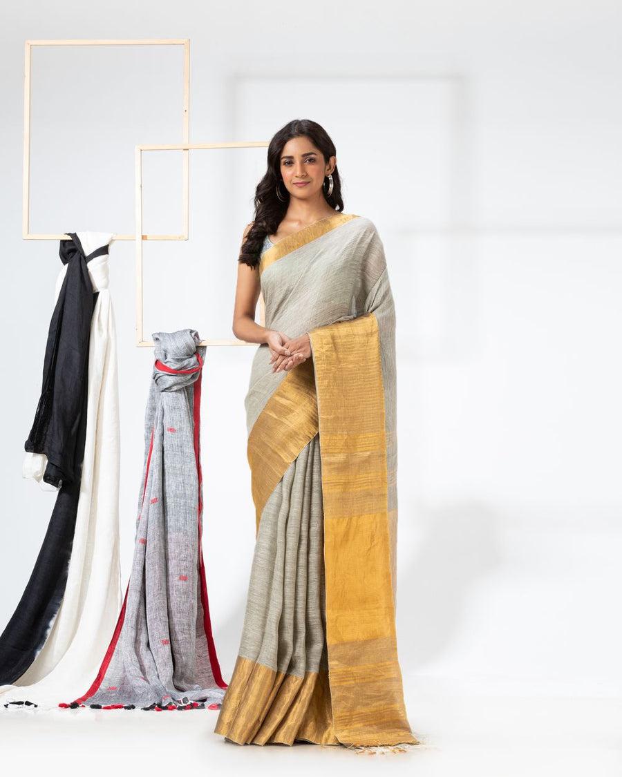 Beige Gold Pure Handloom Linen Saree