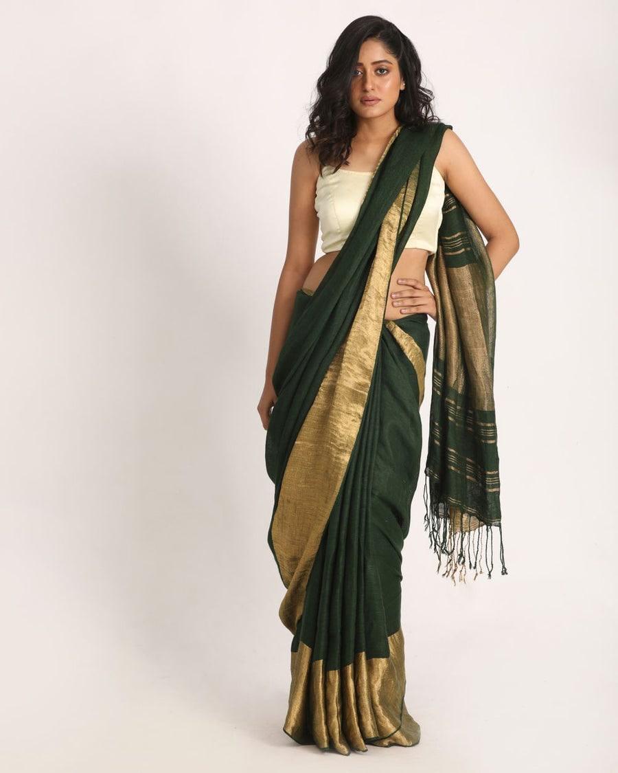 Green Gold Pure Handloom Linen Saree