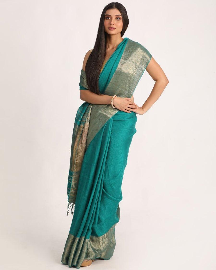 Blue Gold Pure Handloom Linen Saree