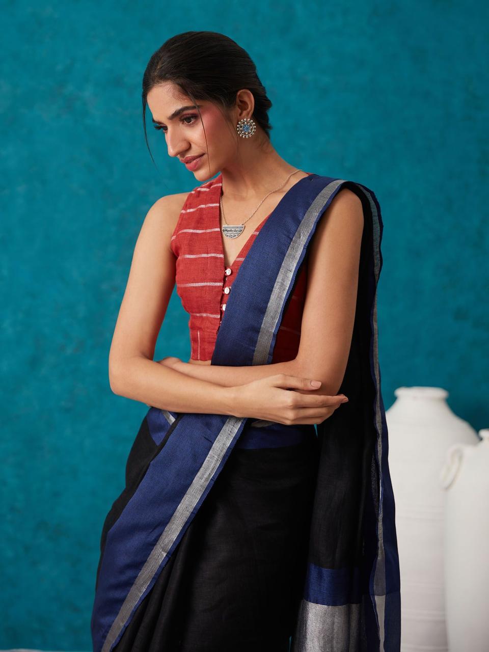 Blue Black Pure Handloom Linen Saree