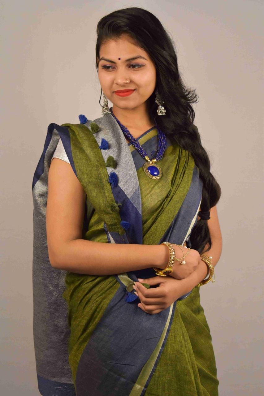 Green Blue Pure Handloom Linen Saree