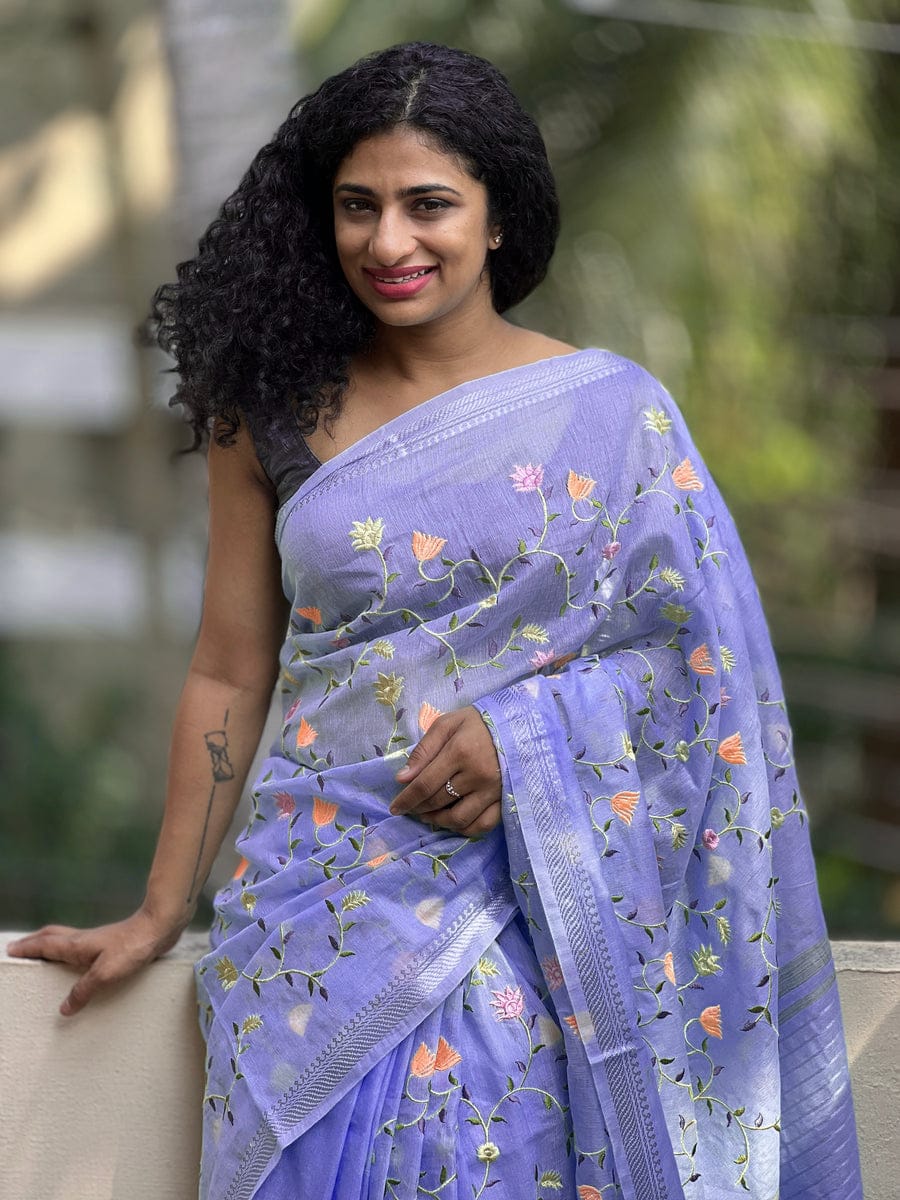 PJMR23A289 Violet Silver Pure Handloom Linen Silk Banarasi Saree