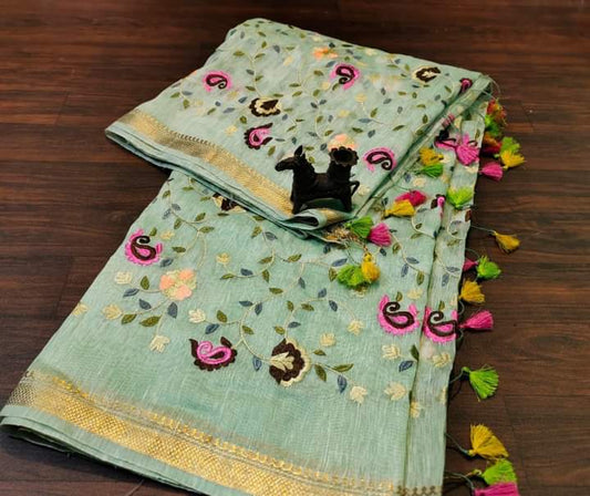 PJMR23A290 Green Gold Pure Handloom Linen Silk Banarasi Saree
