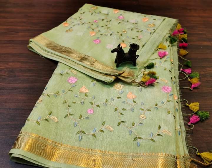 PJMR23A291 Green Gold Pure Handloom Linen Silk Banarasi Saree