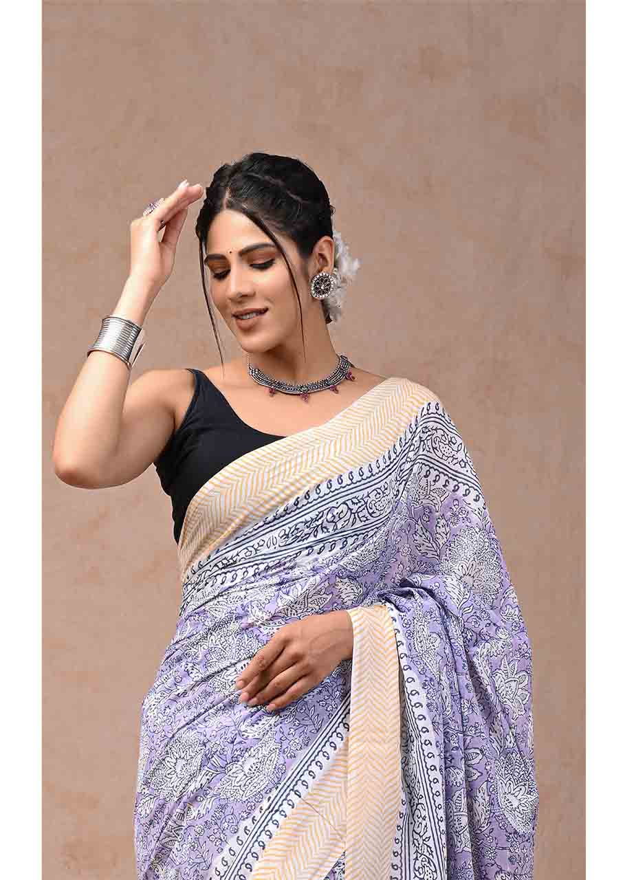 Lavender Black Pure Handloom Batik Print Cotton Saree