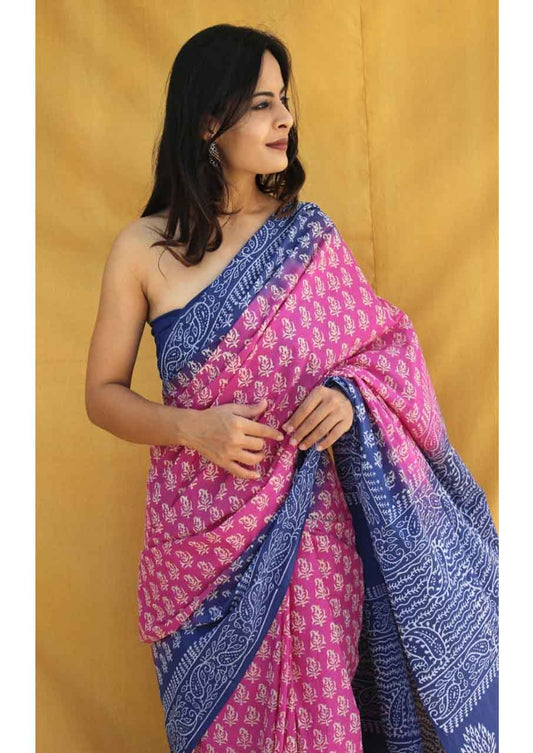 Pink Blue Pure Handloom Batik Print Cotton Saree