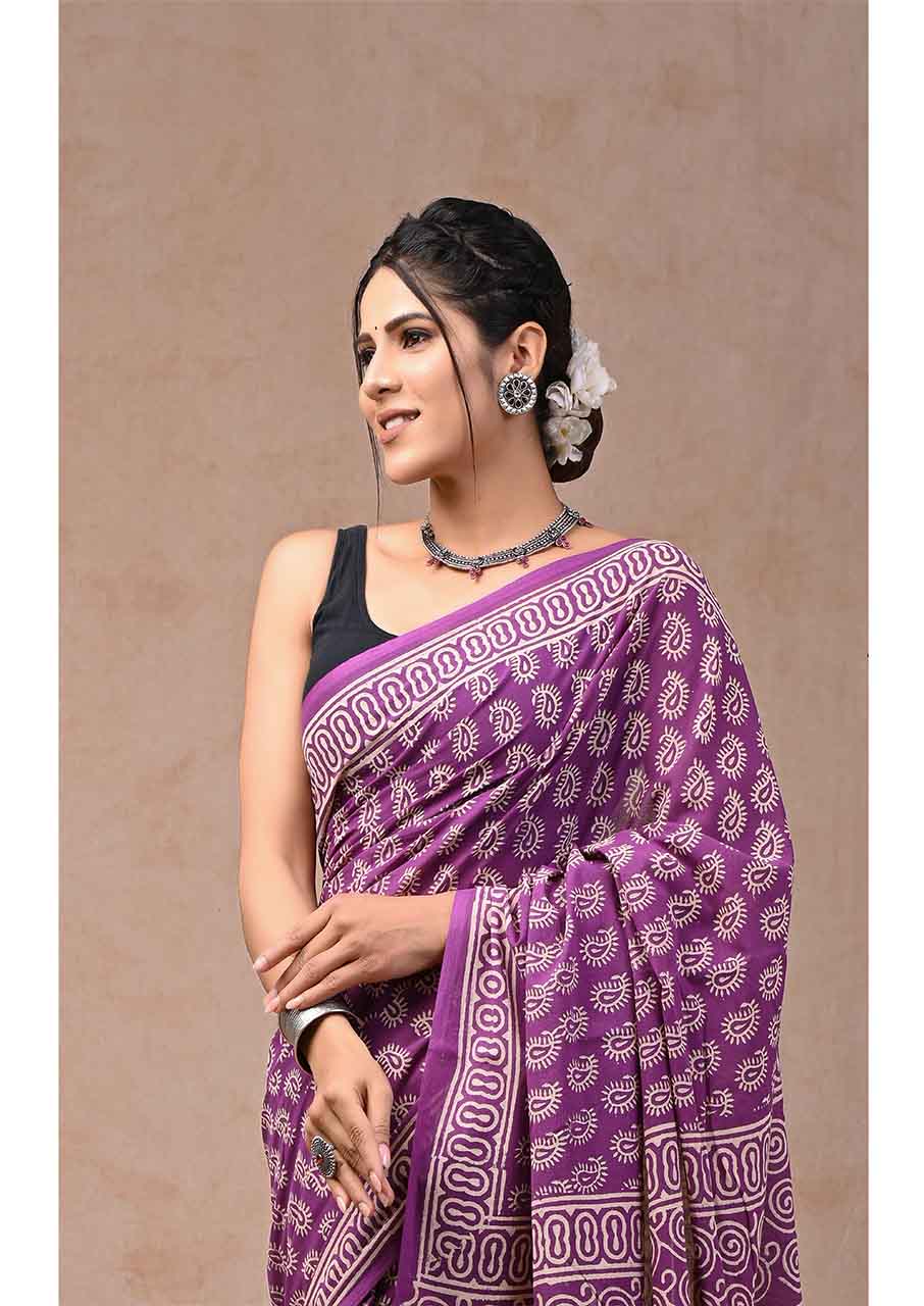 Purple White Pure Handloom Batik Print Cotton Saree