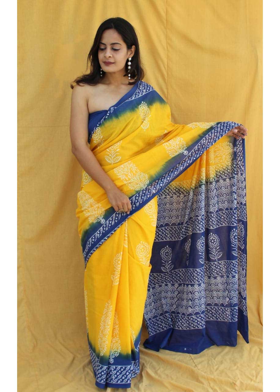 Yellow Blue Pure Handloom Batik Print Cotton Saree