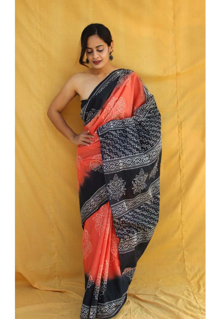 Peach Black Pure Handloom Batik Print Cotton Saree