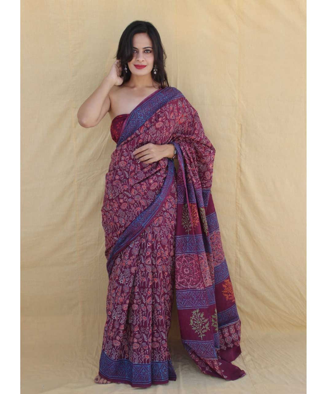 Maroon Blue Pure Handloom Batik Print Cotton Saree