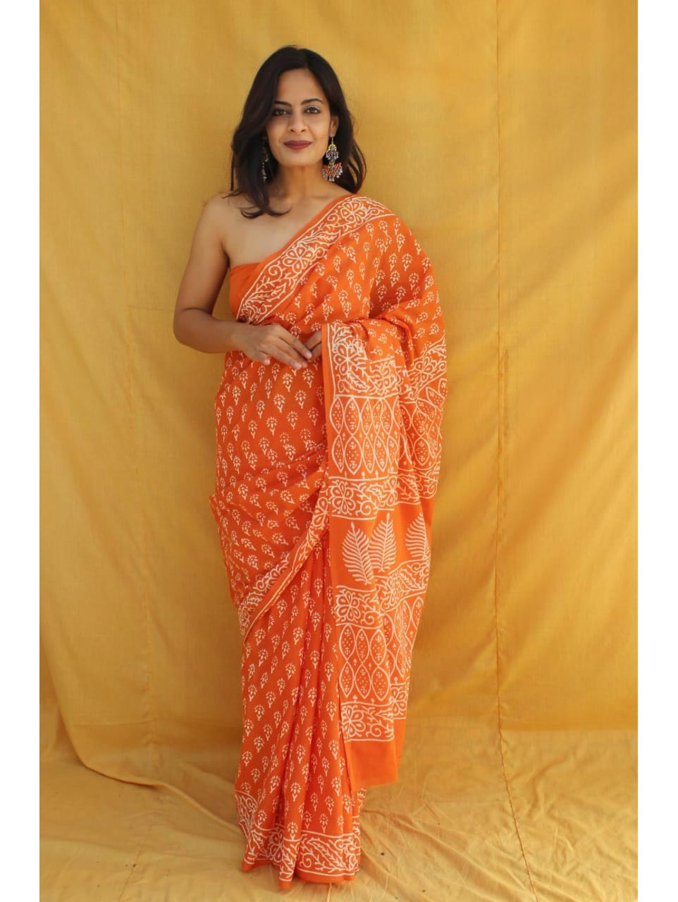 Orange White Pure Handloom Batik Print Cotton Saree