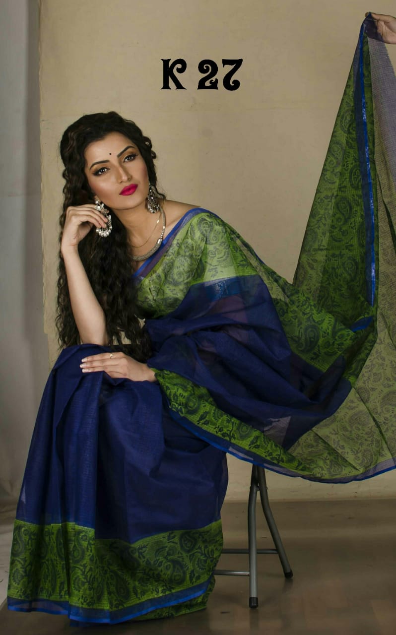 Royal Blue Block Printed Kota Doria Saree