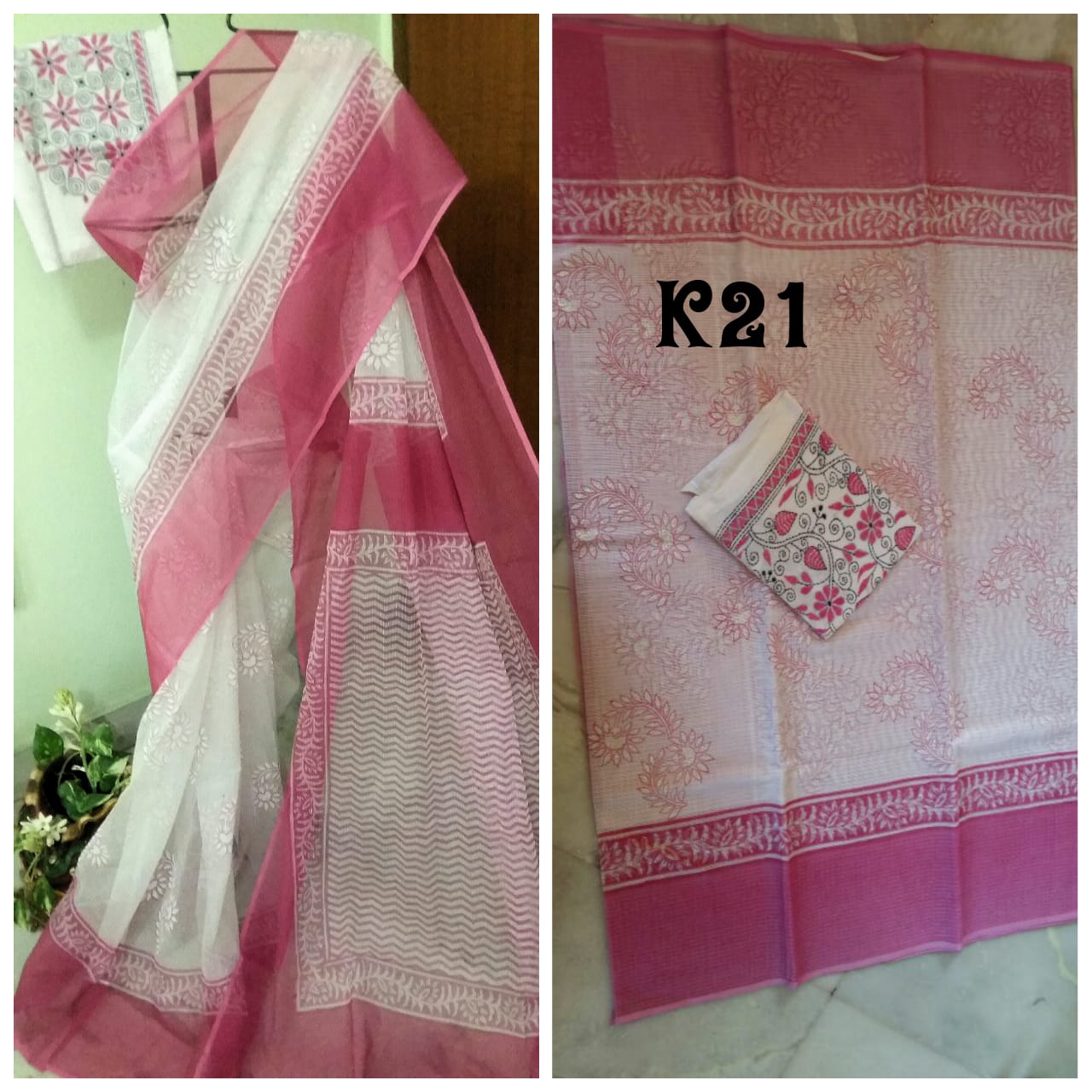 White Pink Block Printed Kota Doria Saree