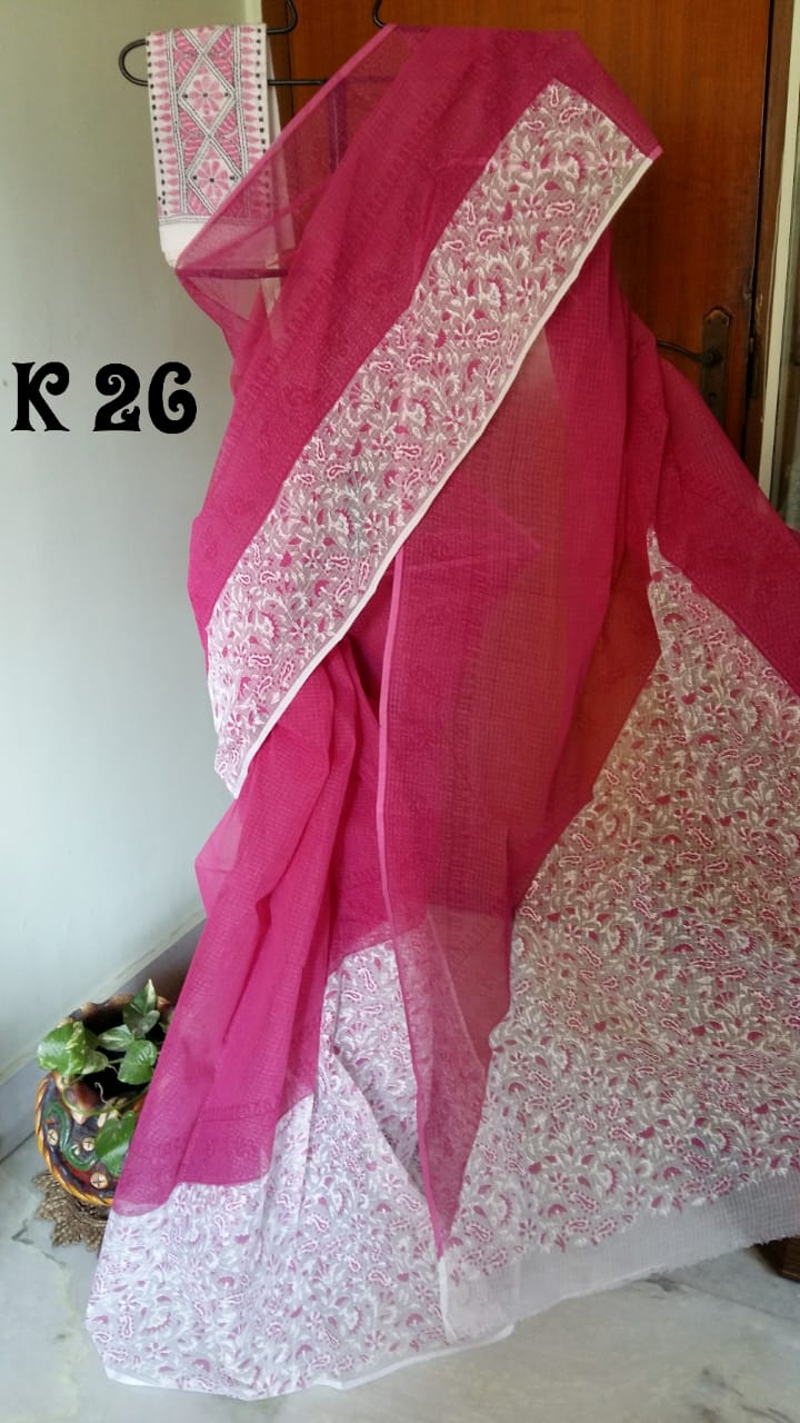 Pink White Block Printed Kota Doria Saree