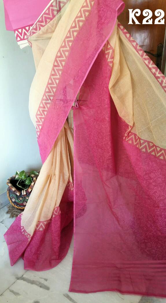 Cream Pink Block Printed Kota Doria Saree