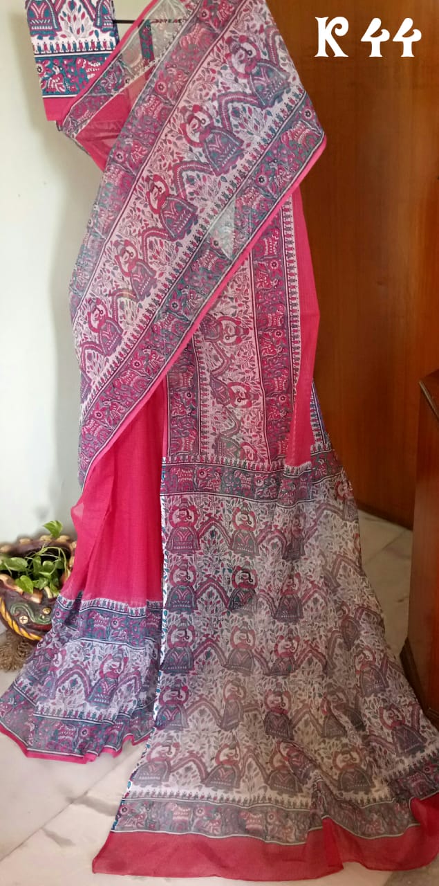 Pink Block Printed Kota Doria Saree