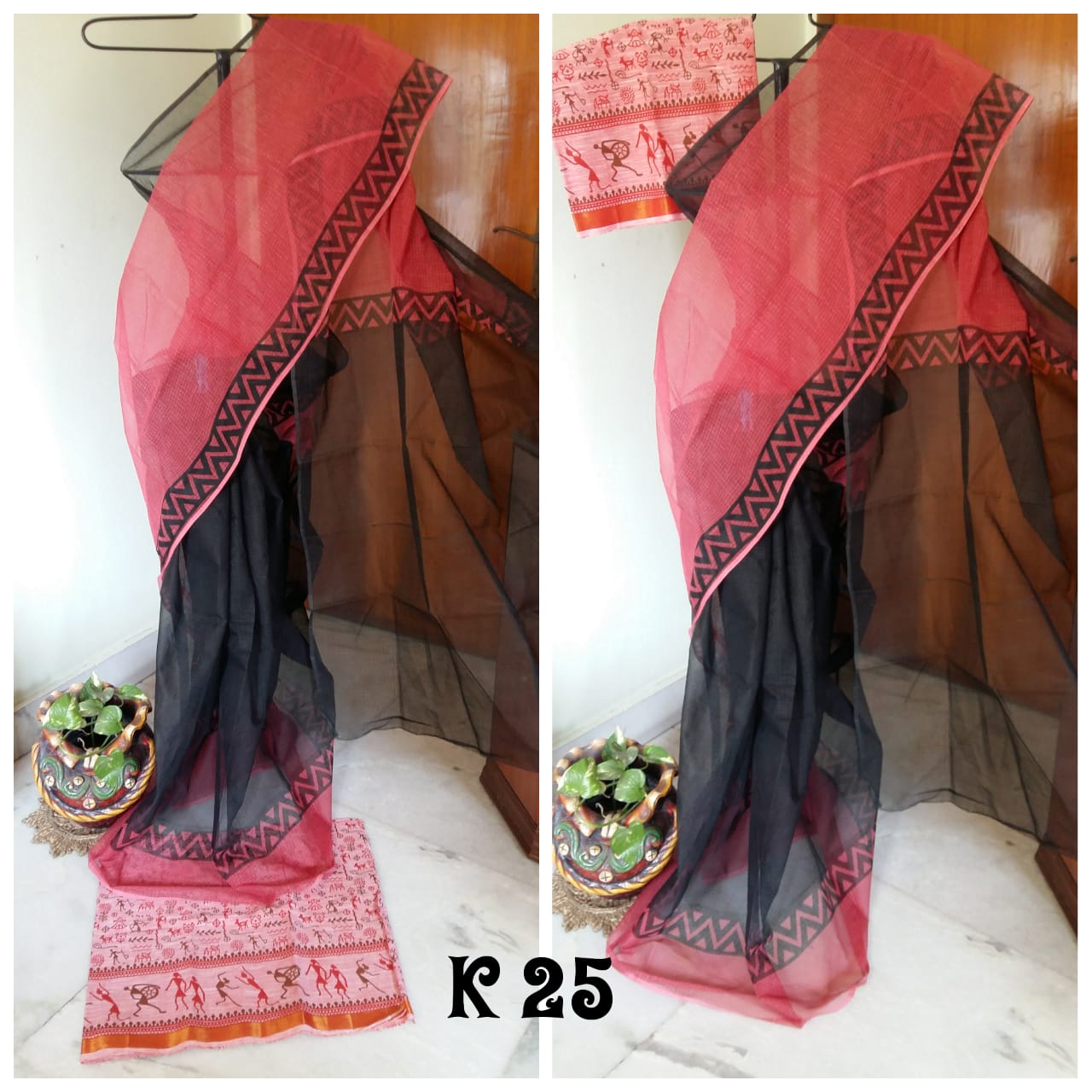 Red Black Block Printed Kota Doria Saree