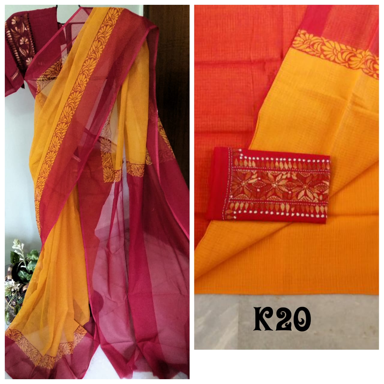 Orange Red Block Printed Kota Doria Saree