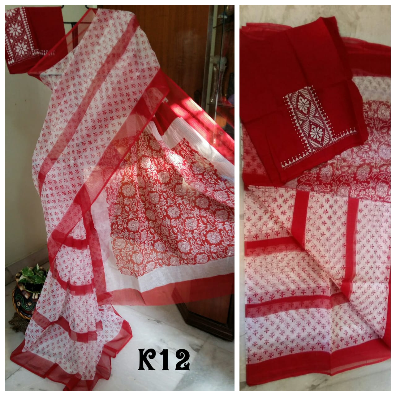 Red White Block Printed Kota Doria Saree