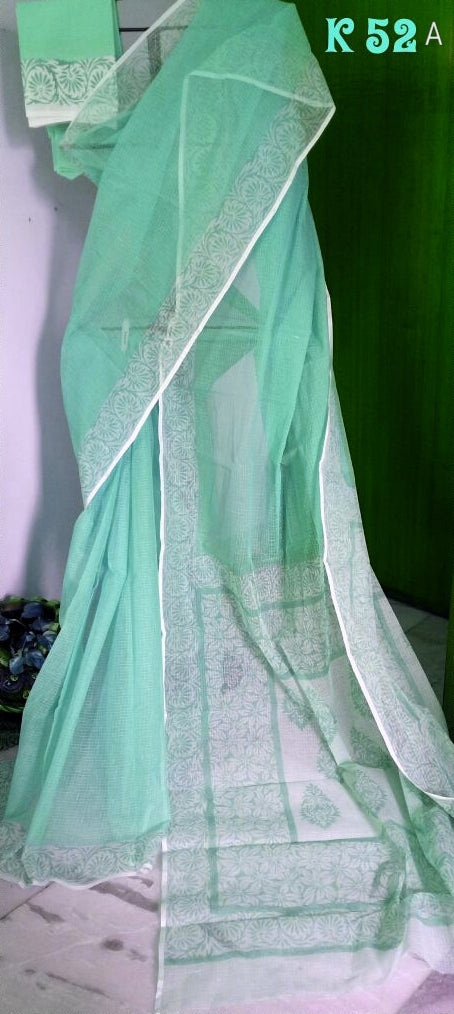 Green Block Printed Kota Doria Saree