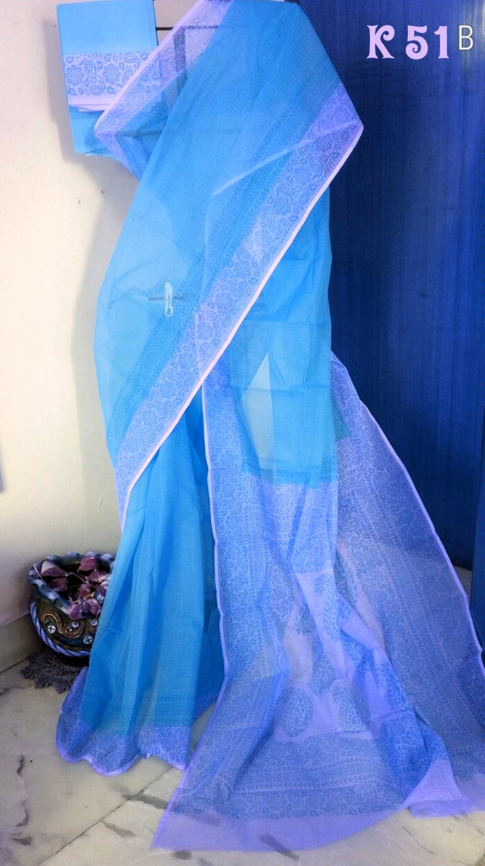 Blue Block Printed Kota Doria Saree