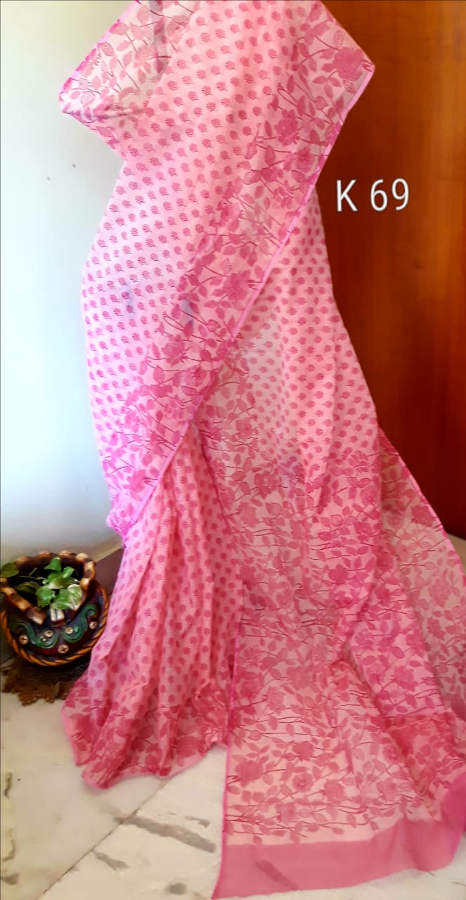 Pink Block Printed Kota Doria Saree