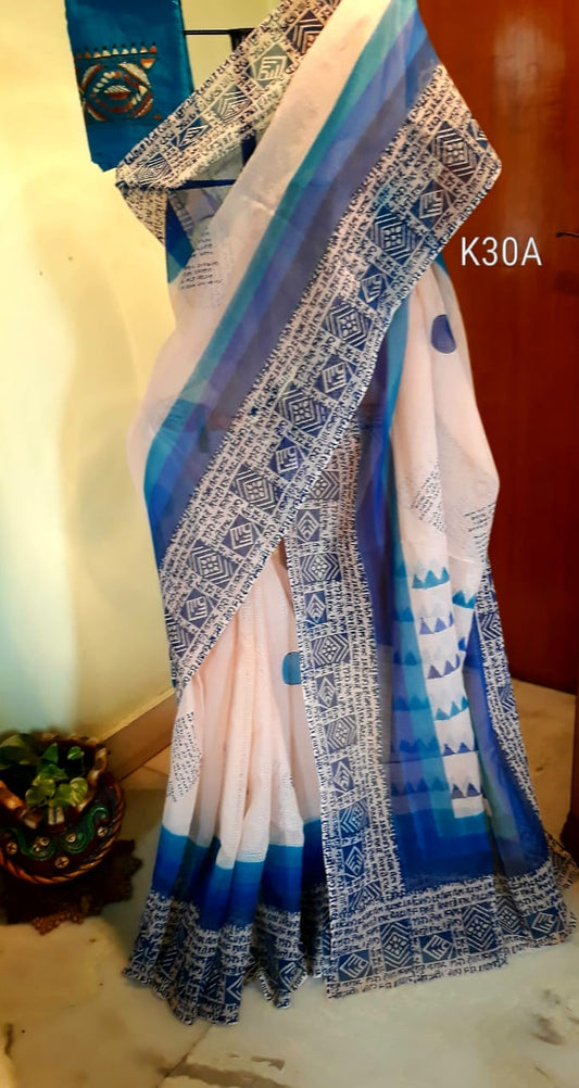 White Blue Block Printed Kota Doria Saree