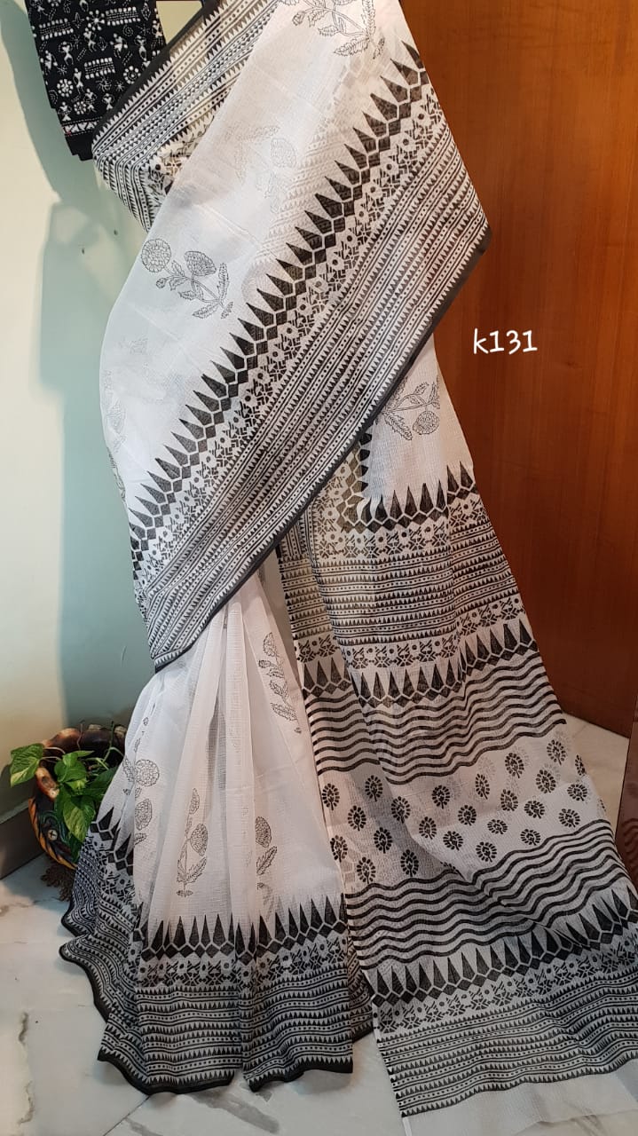 White Black Block Printed Kota Doria Saree