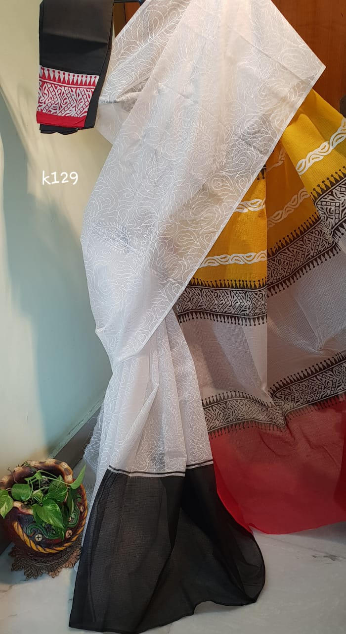 White Yellow Block Printed Kota Doria Saree