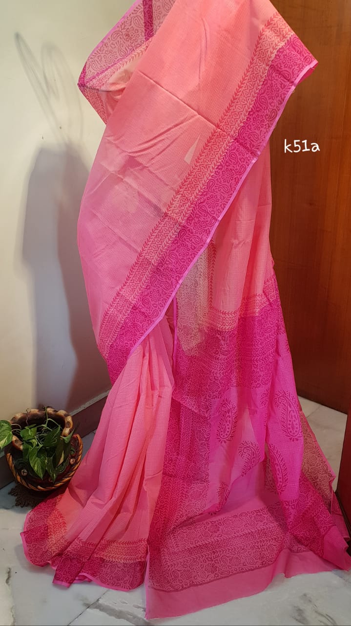 Peach Block Printed Kota Doria Saree