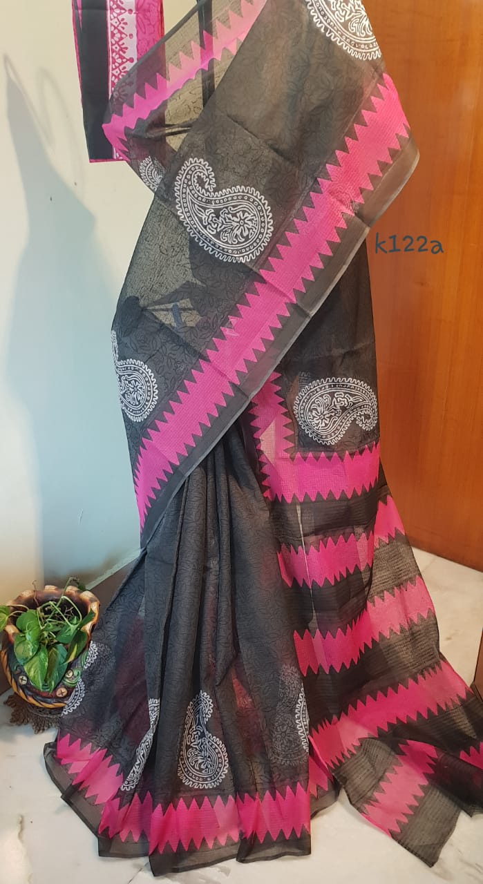 Black Pink Block Printed Kota Doria Saree