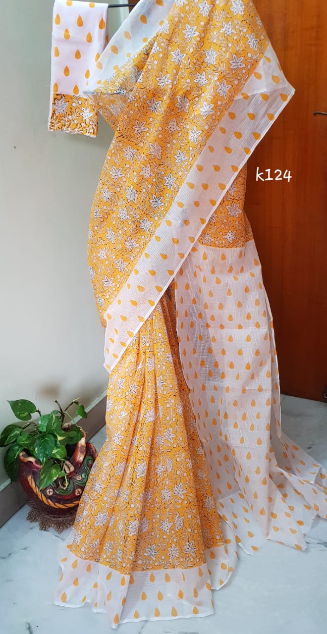 Yellow Block Printed Kota Doria Saree