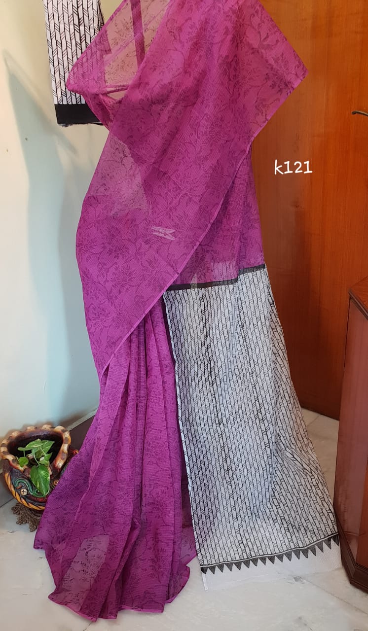 Purple Block Printed Kota Doria Saree