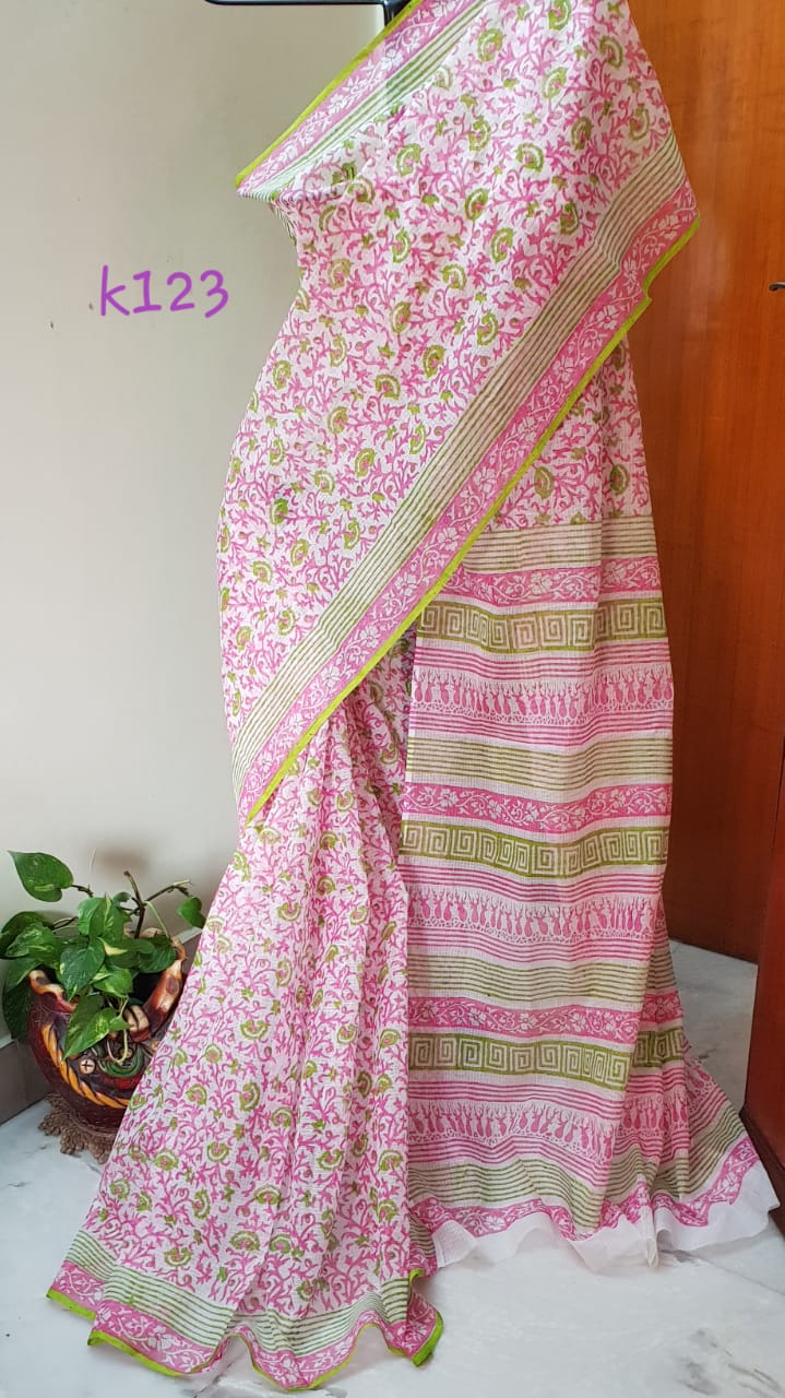 Pink Block Printed Kota Doria Saree