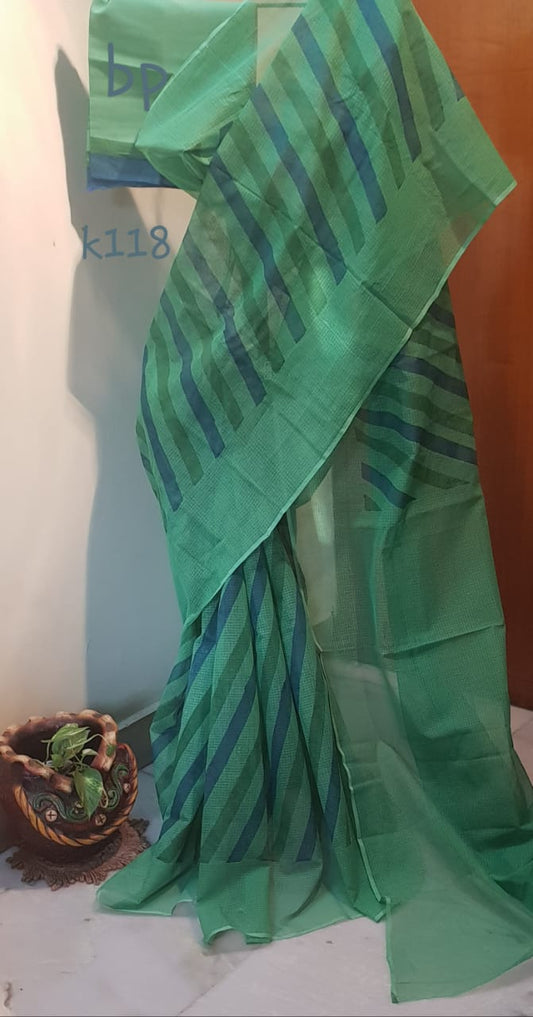 Green Block Printed Kota Doria Saree