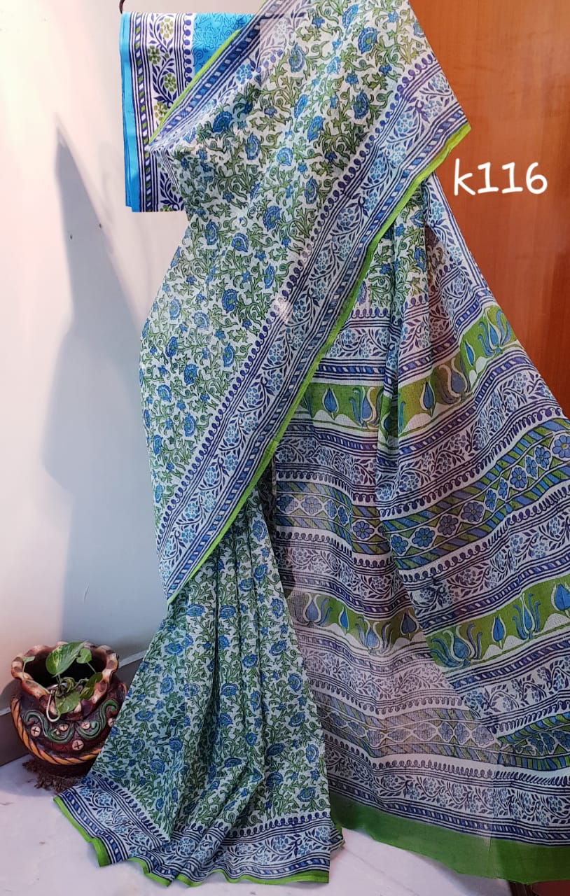 Blue Green Block Printed Kota Doria Saree