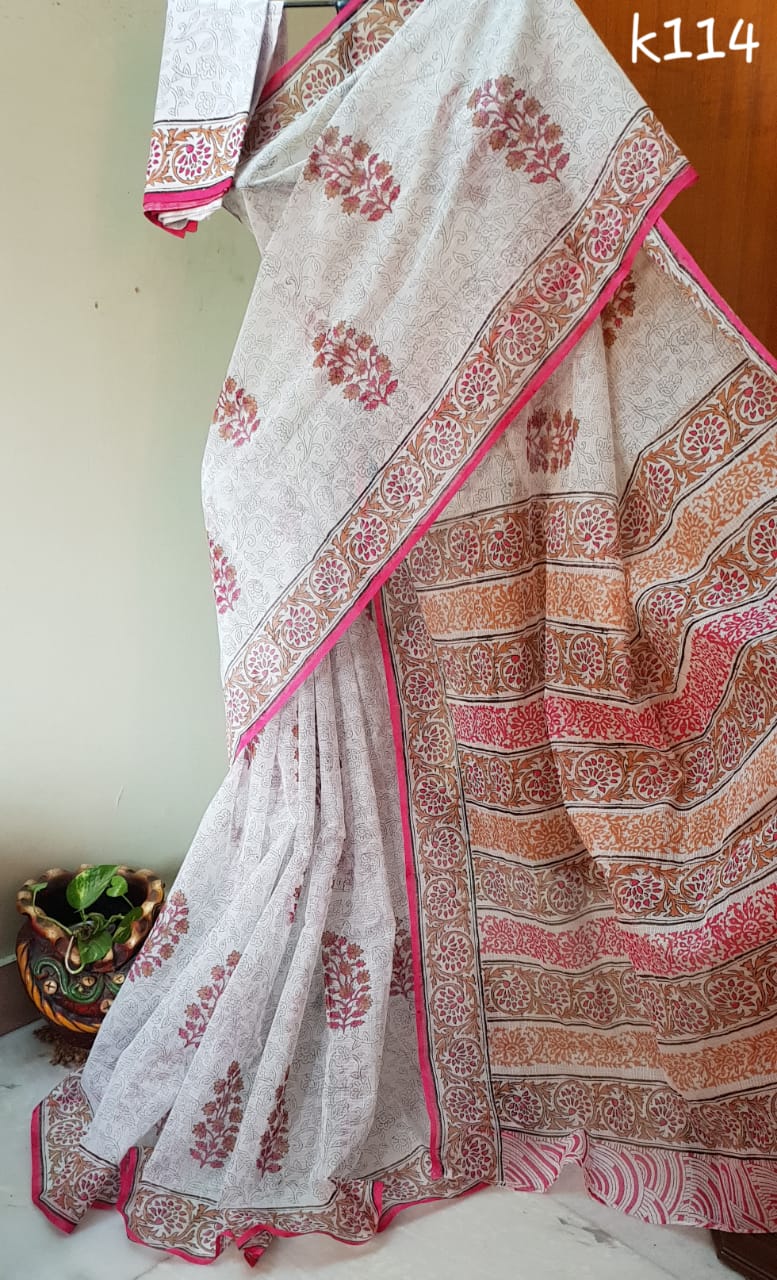 White Pink Block Printed Kota Doria Saree