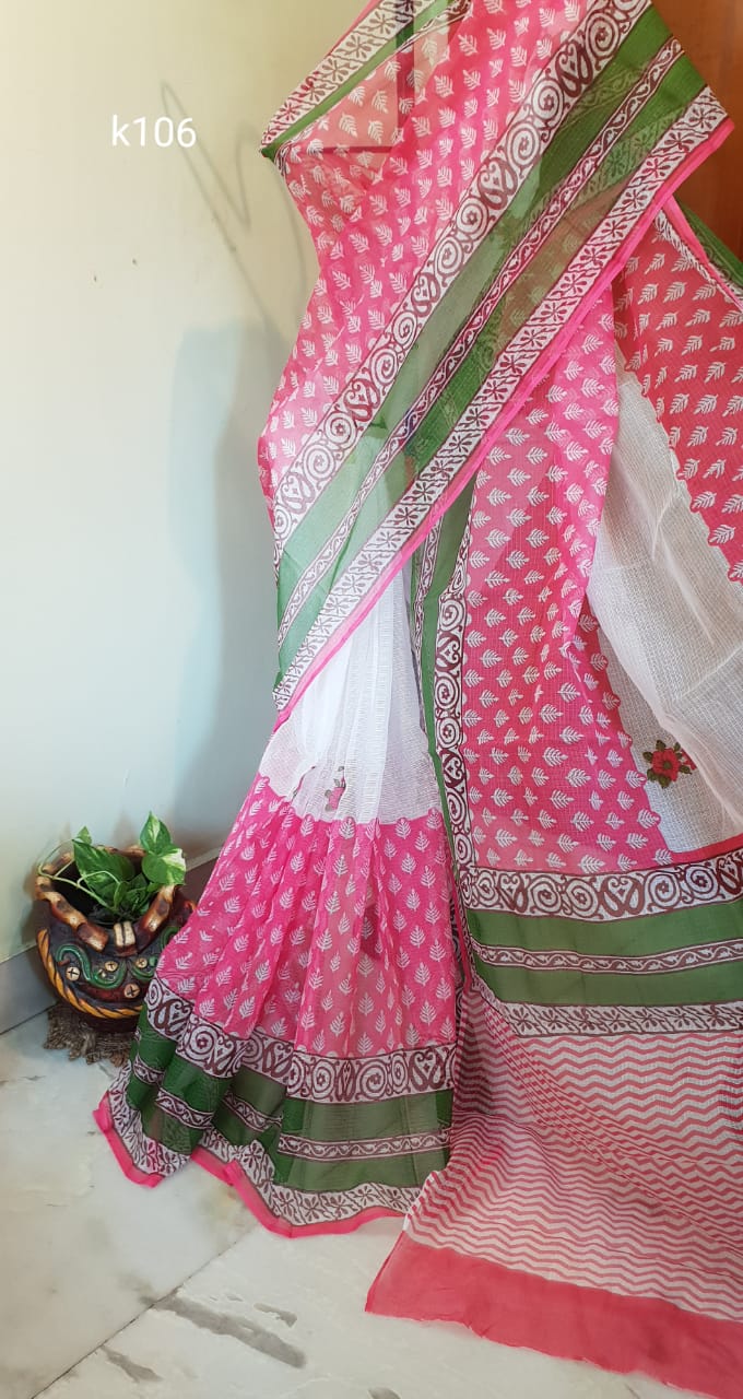 Pink White Block Printed Kota Doria Saree